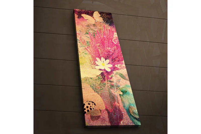 Lerretsbilde med LED-belysning 90x30 cm - Fargerik komposisjon av blomster og sommerfugler - Rosa / Grønn / Hvit - Interiør - Maleri & posters - Lerretsbilder
