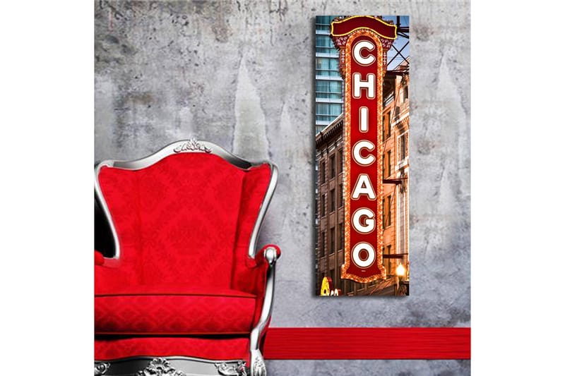 Lerretsbilde med LED-belysning 90x30 cm - Neonlysskilt med teksten Chicago - Rød / Hvit / Brun - Interiør - Maleri & posters - Lerretsbilder