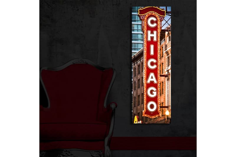 Lerretsbilde med LED-belysning 90x30 cm - Neonlysskilt med teksten Chicago - Rød / Hvit / Brun - Interiør - Maleri & posters - Lerretsbilder