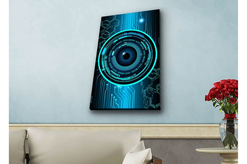 Lerretsbilde med LED-belysning - Abstrakt komposisjon med sirkulære mønstre og teknologiske elementer - Mørk blå / Turkis / Svart - Interiør - Maleri & posters - Lerretsbilder