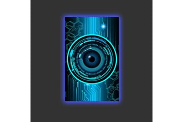 Lerretsbilde med LED-belysning - Abstrakt komposisjon med sirkulære mønstre og teknologiske elementer - Mørk blå / Turkis / Svart - Interiør - Maleri & posters - Lerretsbilder