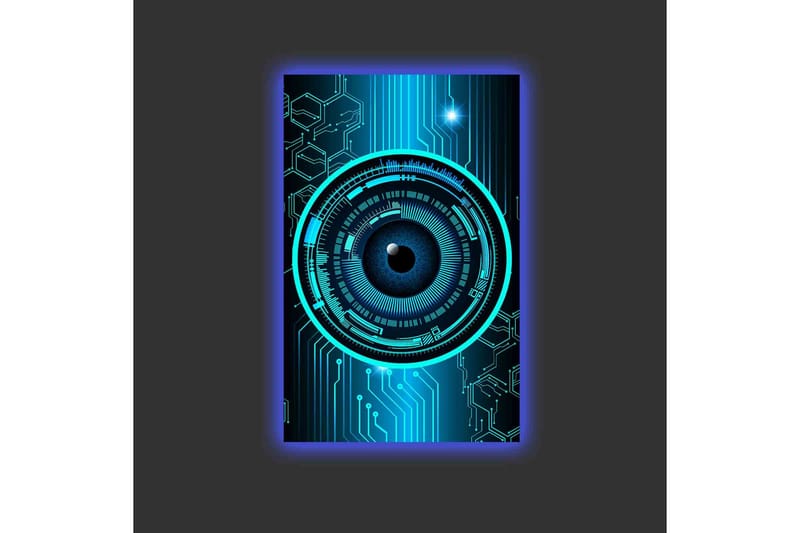 Lerretsbilde med LED-belysning - Abstrakt komposisjon med sirkulære mønstre og teknologiske elementer - Mørk blå / Turkis / Svart - Interiør - Maleri & posters - Lerretsbilder