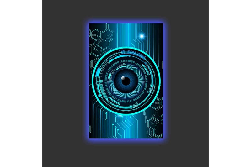 Lerretsbilde med LED-belysning - Abstrakt komposisjon med sirkulære mønstre og teknologiske elementer - Mørk blå / Turkis / Svart - Interiør - Maleri & posters - Lerretsbilder