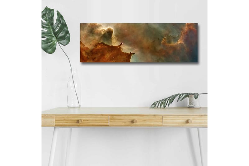 Lerretsbilde med LED-belysning - Abstrakt romlandskap med svevende skyer og stjerner - Kobberbrun / Grønn / Blå - Interiør - Maleri & posters - Lerretsbilder