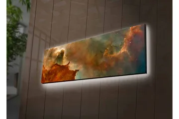 Lerretsbilde med LED-belysning - Abstrakt romlandskap med svevende skyer og stjerner - Kobberbrun / Grønn / Blå - Interiør - Maleri & posters - Lerretsbilder