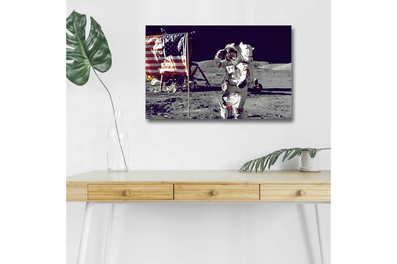 Lerretsbilde med LED-belysning - Astronaut hilser på måneoverflaten med det amerikanske flagget i bakgrunnen - Grå / Hvit / Rød - Interiør - Maleri & posters - Lerretsbilder