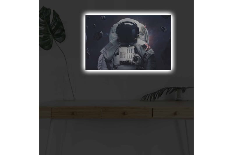 Lerretsbilde med LED-belysning - Astronaut i rommet omgitt av asteroider - Mørk blå / Grå / Svart - Interiør - Maleri & posters - Lerretsbilder