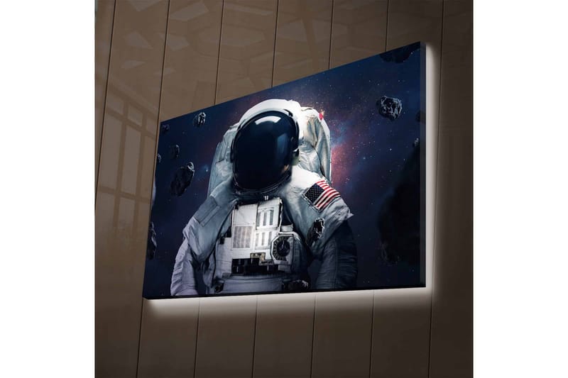 Lerretsbilde med LED-belysning - Astronaut i rommet omgitt av asteroider - Mørk blå / Grå / Svart - Interiør - Maleri & posters - Lerretsbilder