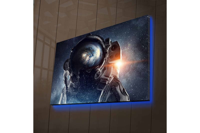 Lerretsbilde med LED-belysning - Astronaut med jorden synlig i hjelmen mot en stjerneklar bakgrunn, Mørk blå / Svart / Hvit