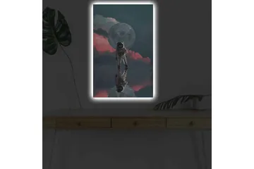 Lerretsbilde med LED-belysning - Astronaut som svever i et drømmeaktig rommiljø med en stor måne i bakgrunnen - Mørk blå / Rosa / Grå - Interiør - Maleri & posters - Lerretsbilder