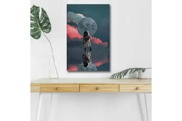 Lerretsbilde med LED-belysning - Astronaut som svever i et drømmeaktig rommiljø med en stor måne i bakgrunnen - Mørk blå / Rosa / Grå - Interiør - Maleri & posters - Lerretsbilder