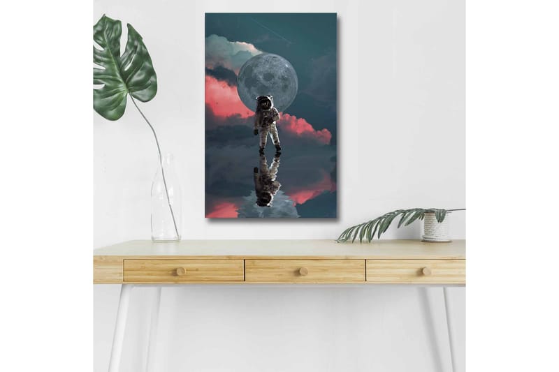 Lerretsbilde med LED-belysning - Astronaut som svever i et drømmeaktig rommiljø med en stor måne i bakgrunnen - Mørk blå / Rosa / Grå - Interiør - Maleri & posters - Lerretsbilder