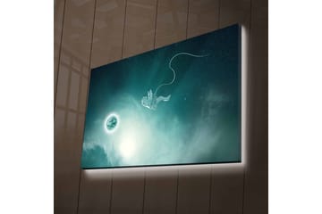 Lerretsbilde med LED-belysning - Astronaut som svever i rommet med en planet i bakgrunnen - Mørk blå / Grønn / Hvit - Interiør - Maleri & posters - Lerretsbilder