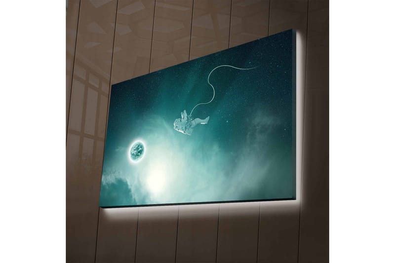 Lerretsbilde med LED-belysning - Astronaut som svever i rommet med en planet i bakgrunnen - Mørk blå / Grønn / Hvit - Interiør - Maleri & posters - Lerretsbilder