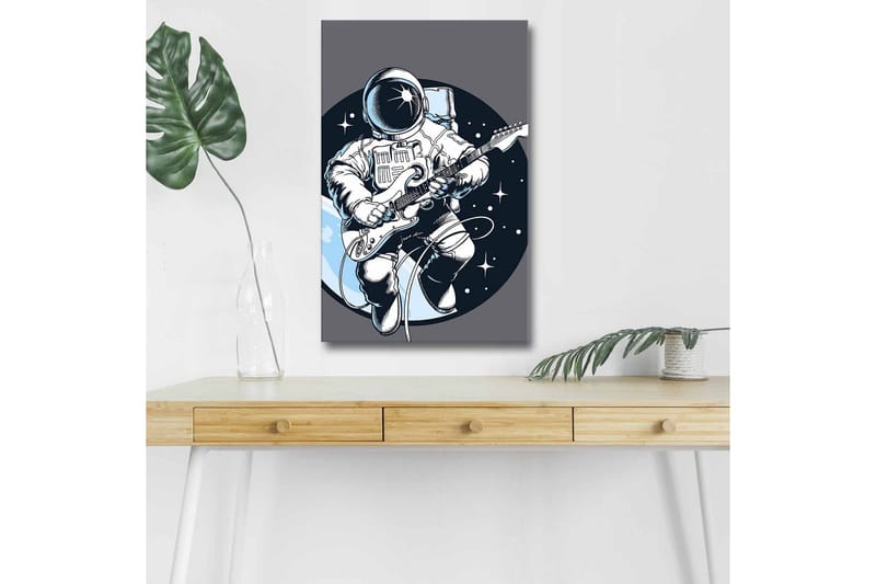 Lerretsbilde med LED-belysning - Astronaut spiller gitar i rommet, Mørk blå / Hvit / Grå