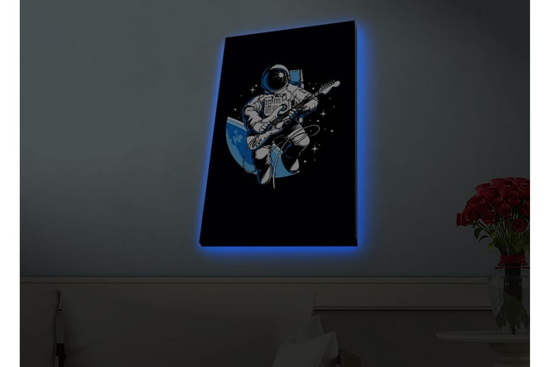 Lerretsbilde med LED-belysning - Astronaut spiller gitar i rommet, Svart / Blå / Hvit