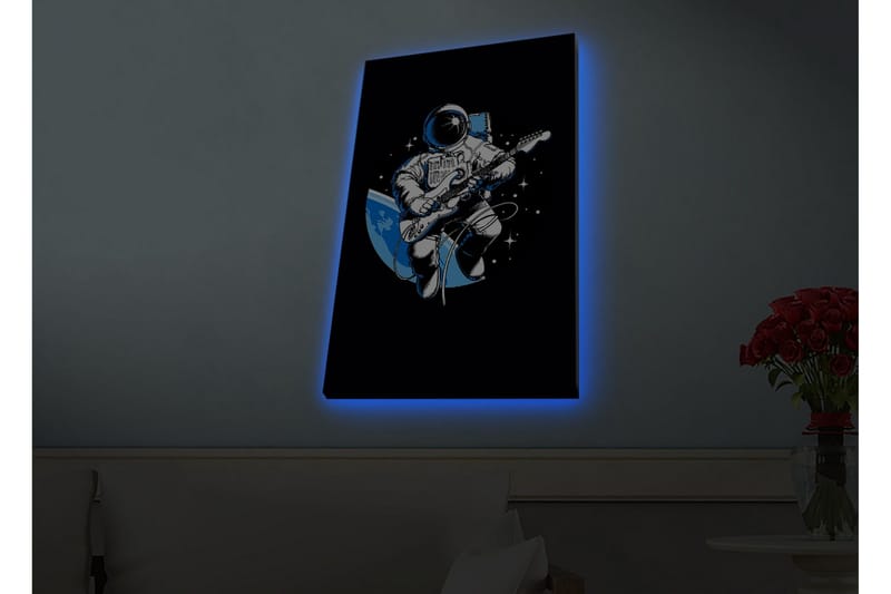 Lerretsbilde med LED-belysning - Astronaut spiller gitar i rommet, Svart / Blå / Hvit