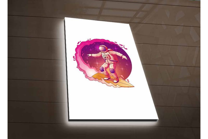 Lerretsbilde med LED-belysning - Astronaut surfer gjennom rommet - Rosa / Lilla / Beige - Interiør - Maleri & posters - Lerretsbilder