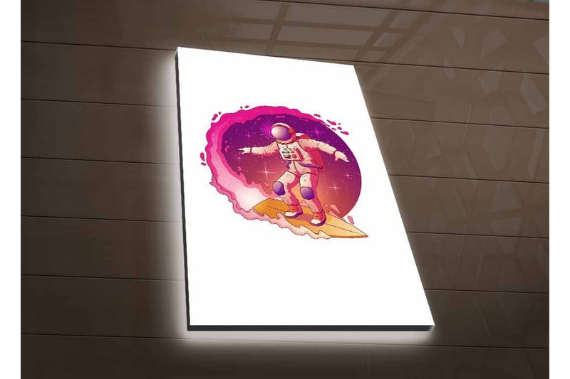 Lerretsbilde med LED-belysning - Astronaut surfer gjennom rommet - Rosa / Lilla / Beige - Interiør - Maleri & posters - Lerretsbilder