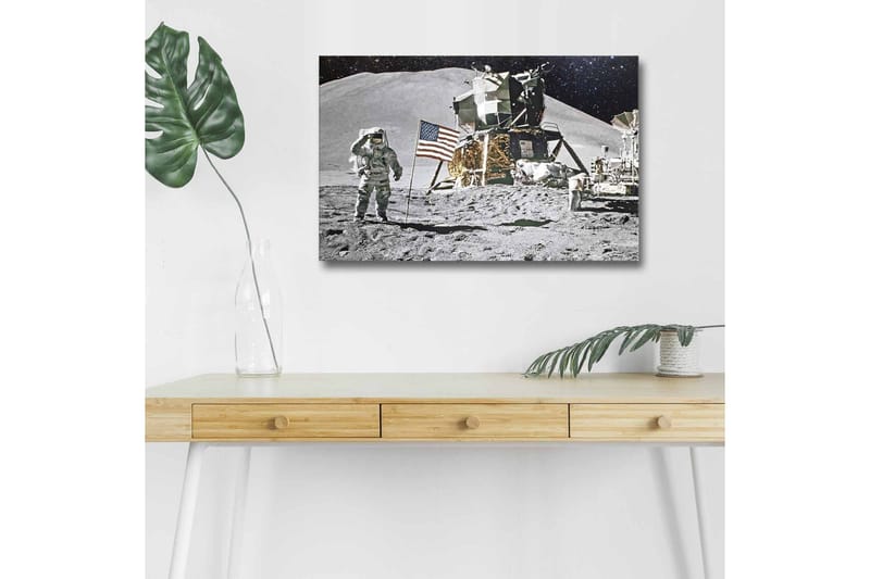 Lerretsbilde med LED-belysning - Astronaut på måneoverflaten med månelander og amerikansk flagg - Grå / Svart / Gull - Interiør - Maleri & posters - Lerretsbilder