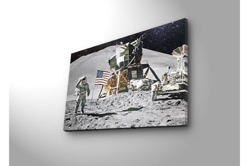 Lerretsbilde med LED-belysning - Astronaut på måneoverflaten med månelander og amerikansk flagg - Grå / Svart / Gull - Interiør - Maleri & posters - Lerretsbilder