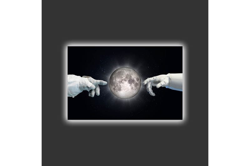 Lerretsbilde med LED-belysning - Astronauthender rekker mot månen - Svart / Hvit / Grå - Interiør - Maleri & posters - Lerretsbilder