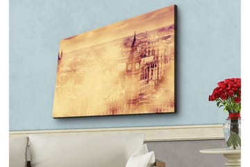 Lerretsbilde med LED-belysning - Atmosfærisk utsikt over en by med kjente bygninger i tåke - Beige / Gull / Mørk brun - Interiør - Maleri & posters - Lerretsbilder