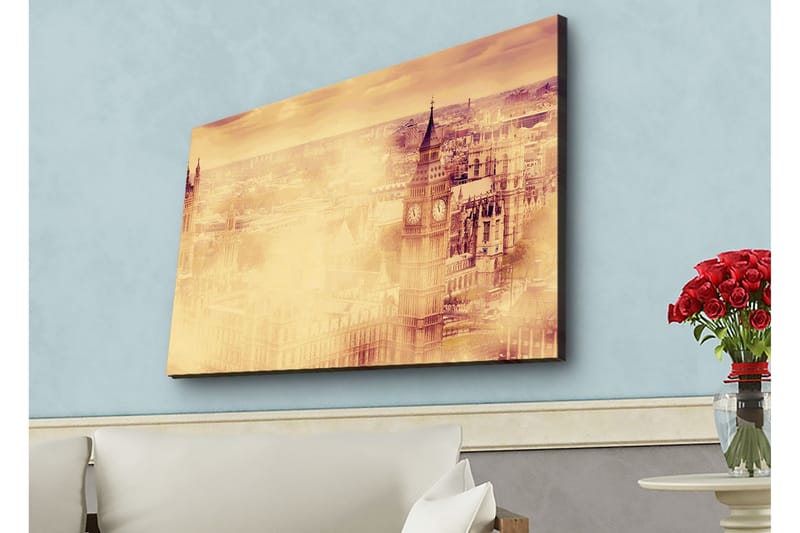 Lerretsbilde med LED-belysning - Atmosfærisk utsikt over en by med kjente bygninger i tåke - Beige / Gull / Mørk brun - Interiør - Maleri & posters - Lerretsbilder