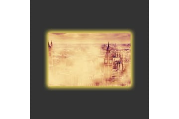 Lerretsbilde med LED-belysning - Atmosfærisk utsikt over en by med kjente bygninger i tåke - Beige / Gull / Mørk brun - Interiør - Maleri & posters - Lerretsbilder
