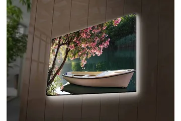 Lerretsbilde med LED-belysning - Båt ved en blomstrende trekant ved vannet - Rosa / Grønn / Hvit - Interiør - Maleri & posters - Lerretsbilder