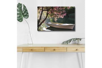 Lerretsbilde med LED-belysning - Båt ved en blomstrende trekant ved vannet - Rosa / Grønn / Hvit - Interiør - Maleri & posters - Lerretsbilder