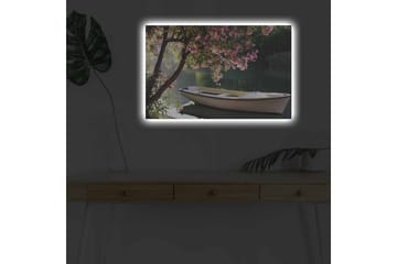 Lerretsbilde med LED-belysning - Båt ved en blomstrende trekant ved vannet - Rosa / Grønn / Hvit - Interiør - Maleri & posters - Lerretsbilder