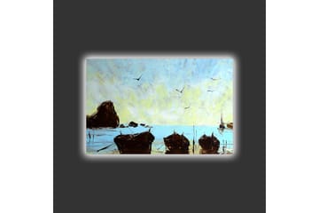 Lerretsbilde med LED-belysning - Båter på en rolig strandlinje under en klar himmel - Blå / Brun / Gul - Interiør - Maleri & posters - Lerretsbilder