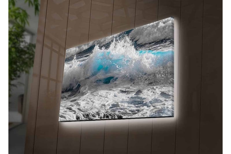 Lerretsbilde med LED-belysning - Bølger som slår i dramatiske nyanser av blått og hvitt - Blå / Hvit / Grå - Interiør - Maleri & posters - Lerretsbilder