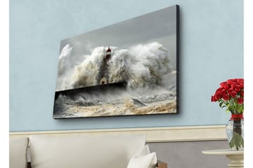 Lerretsbilde med LED-belysning - Bølger som slår mot et fyrtårn i stormvær - Grå / Hvit / Brun - Interiør - Maleri & posters - Lerretsbilder