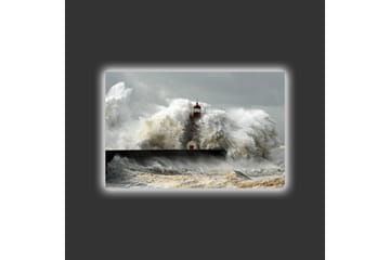 Lerretsbilde med LED-belysning - Bølger som slår mot et fyrtårn i stormvær - Grå / Hvit / Brun - Interiør - Maleri & posters - Lerretsbilder