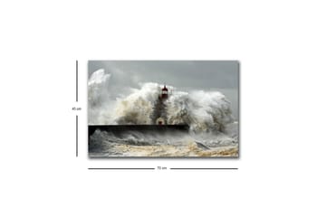 Lerretsbilde med LED-belysning - Bølger som slår mot et fyrtårn i stormvær - Grå / Hvit / Brun - Interiør - Maleri & posters - Lerretsbilder
