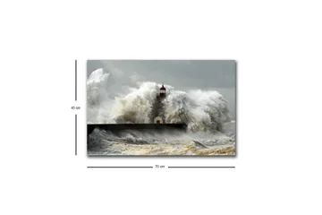 Lerretsbilde med LED-belysning - Bølger som slår mot et fyrtårn i stormvær - Grå / Hvit / Brun - Interiør - Maleri & posters - Lerretsbilder