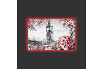 Lerretsbilde med LED-belysning - Blomster i rød fargetone med Big Ben i bakgrunnen - Rød / Grå / Hvit - Interiør - Maleri & posters - Lerretsbilder