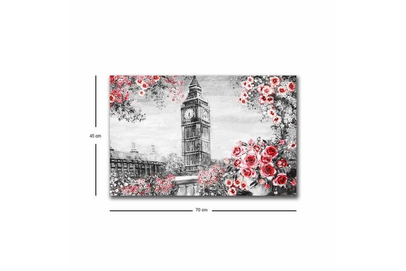 Lerretsbilde med LED-belysning - Blomster i rød fargetone med Big Ben i bakgrunnen - Rød / Grå / Hvit - Interiør - Maleri & posters - Lerretsbilder
