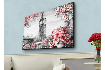 Lerretsbilde med LED-belysning - Blomster i rød fargetone med Big Ben i bakgrunnen - Rød / Grå / Hvit - Interiør - Maleri & posters - Lerretsbilder
