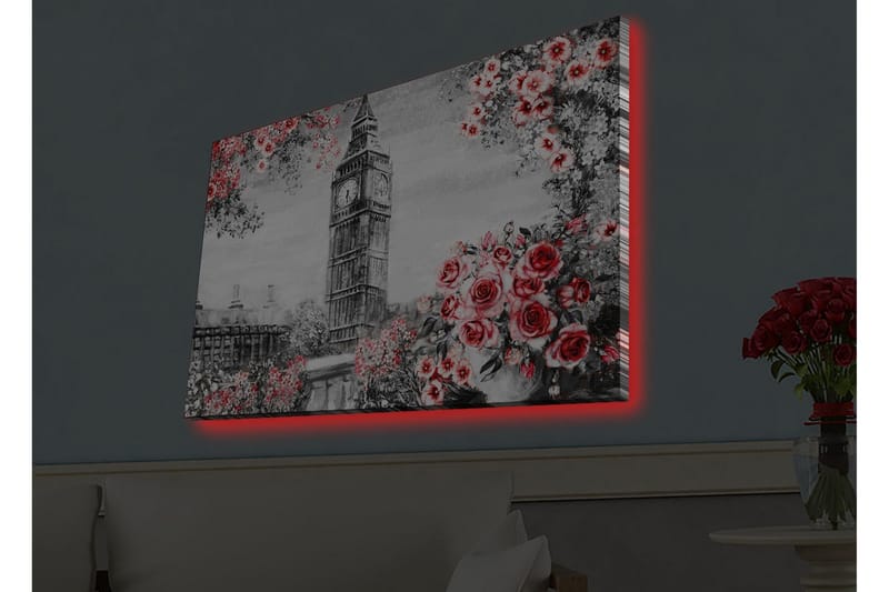 Lerretsbilde med LED-belysning - Blomster i rød fargetone med Big Ben i bakgrunnen - Rød / Grå / Hvit - Interiør - Maleri & posters - Lerretsbilder
