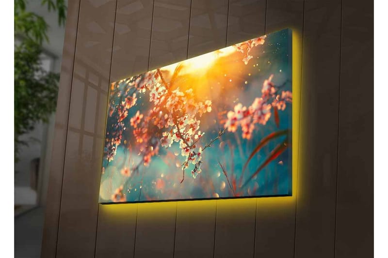 Lerretsbilde med LED-belysning - Blomstrende grener i mykt lys - Rosa / Blå / Gull - Interiør - Maleri & posters - Lerretsbilder