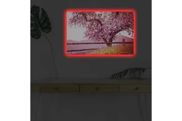 Lerretsbilde med LED-belysning - Blomstrende kirsebærtrær i et idyllisk landskap - Rosa / Grønn / Brun - Interiør - Maleri & posters - Lerretsbilder