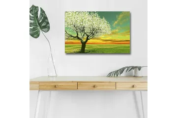 Lerretsbilde med LED-belysning - Blomstrende trær ved solnedgang - Grønn / Hvit / Oransje - Interiør - Maleri & posters - Lerretsbilder