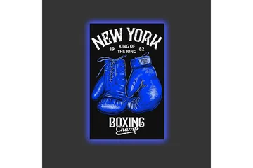 Lerretsbilde med LED-belysning - Boksehansker med tekst og grafiske detaljer - Blå / Svart - Interiør - Maleri & posters - Lerretsbilder