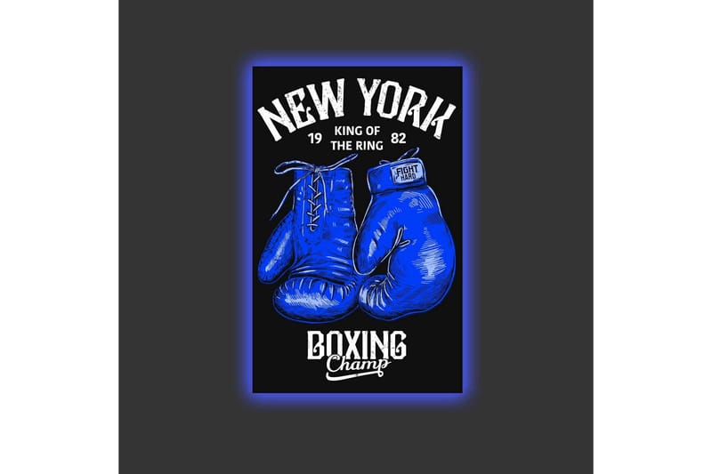 Lerretsbilde med LED-belysning - Boksehansker med tekst og grafiske detaljer - Blå / Svart - Interiør - Maleri & posters - Lerretsbilder
