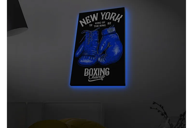 Lerretsbilde med LED-belysning - Boksehansker med tekst og grafiske detaljer, Blå / Svart