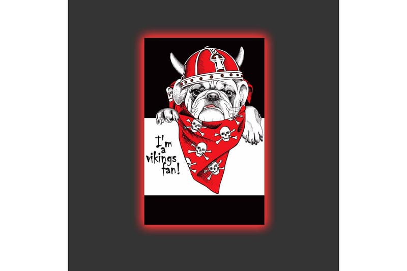 Lerretsbilde med LED-belysning - Bulldog i vikinghjelm med rød bandana og hodeskaller - Rød / Svart / Hvit - Interiør - Maleri & posters - Lerretsbilder