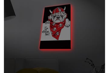 Lerretsbilde med LED-belysning - Bulldog i vikinghjelm med rød bandana og hodeskaller - Rød / Svart / Hvit - Interiør - Maleri & posters - Lerretsbilder